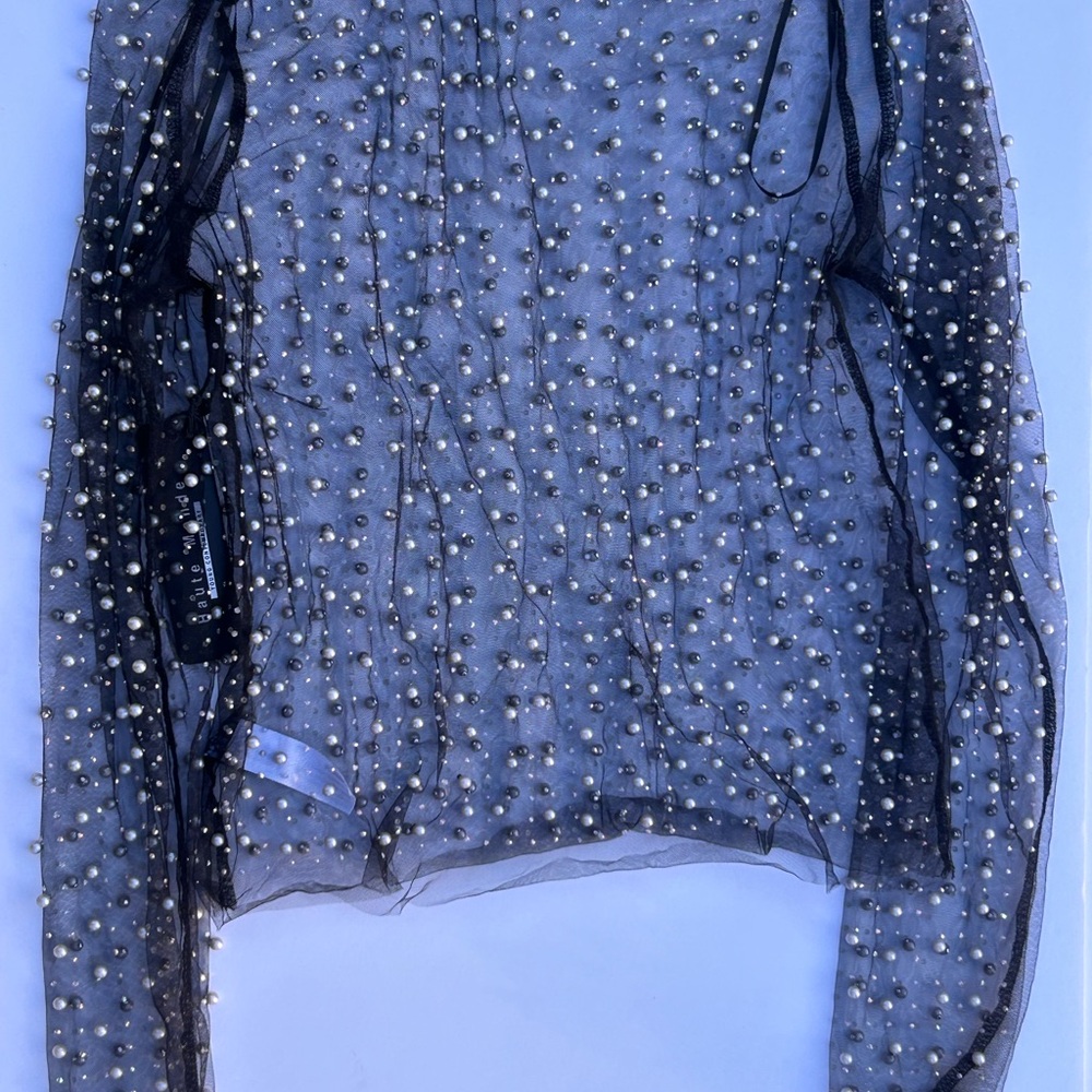Elegant Black Sheer Blouse with Pearl Embellishments